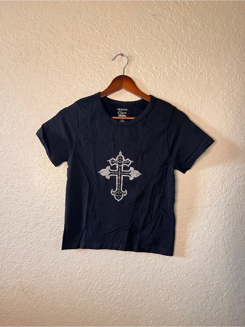 Orange Kiss Black T-Shirt L Short-Sleeve Cross Graphic Women’s